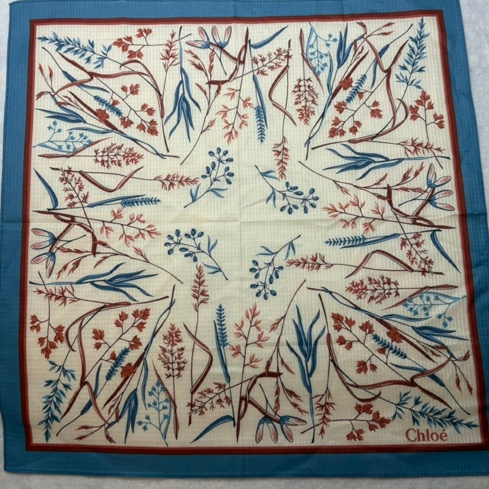 Vtg CHLOÉ Scarf Handkerchief Botanical Grass Cotton Blend Blue 17.5"